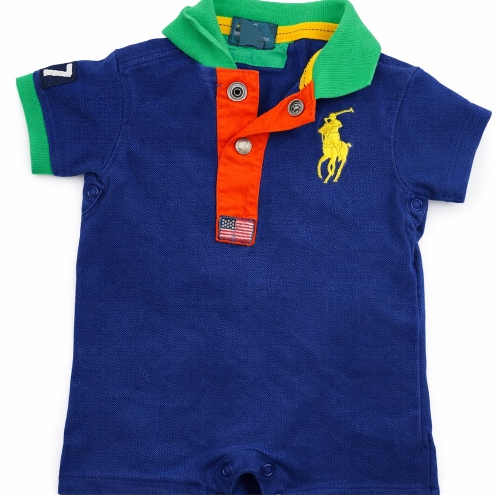Polo by Ralph Lauren Royal Blue Polo Romper with Green Collar & Orange Placket